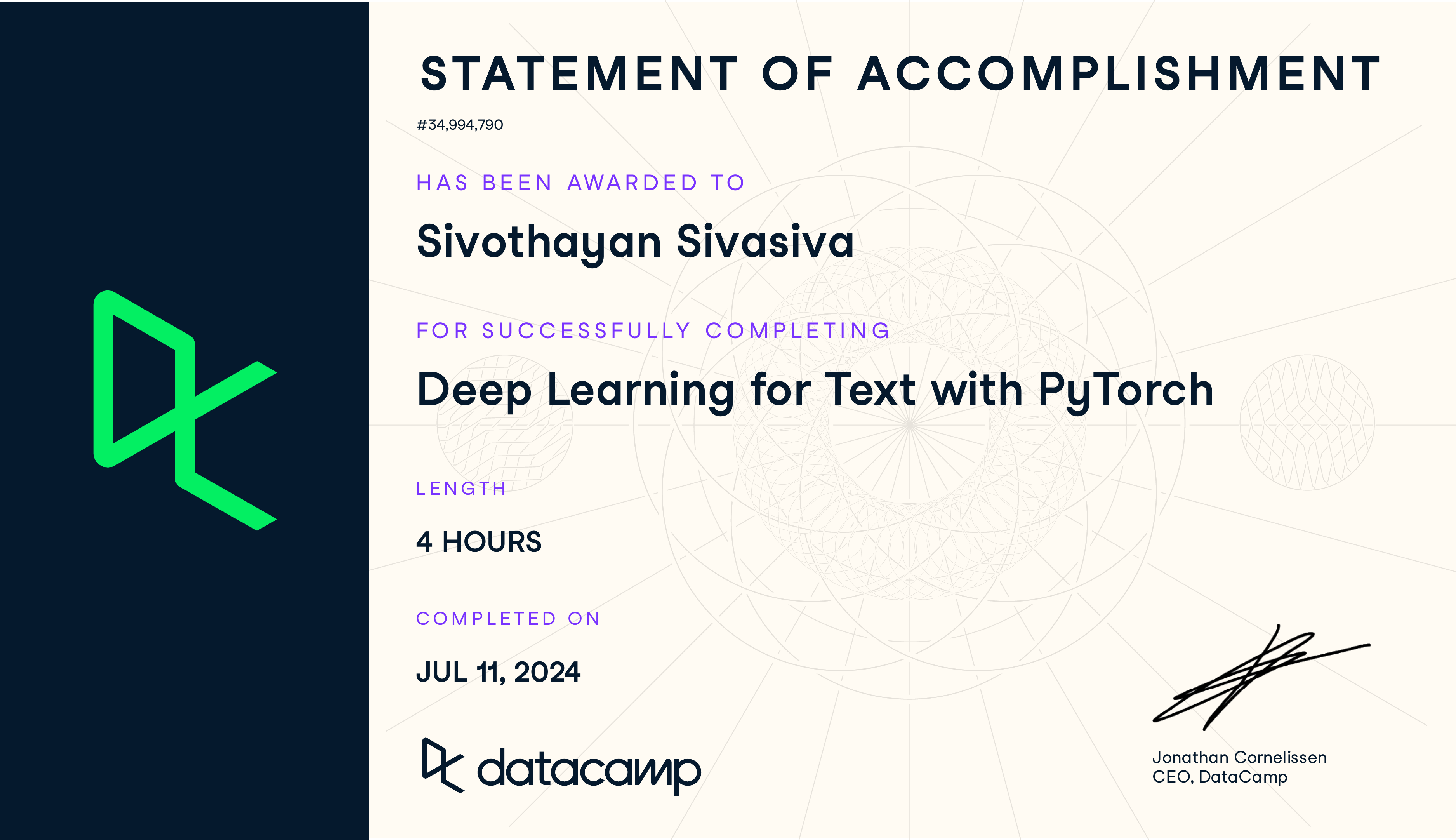 Preview of Deep Learning for Text with PyTorch certificate