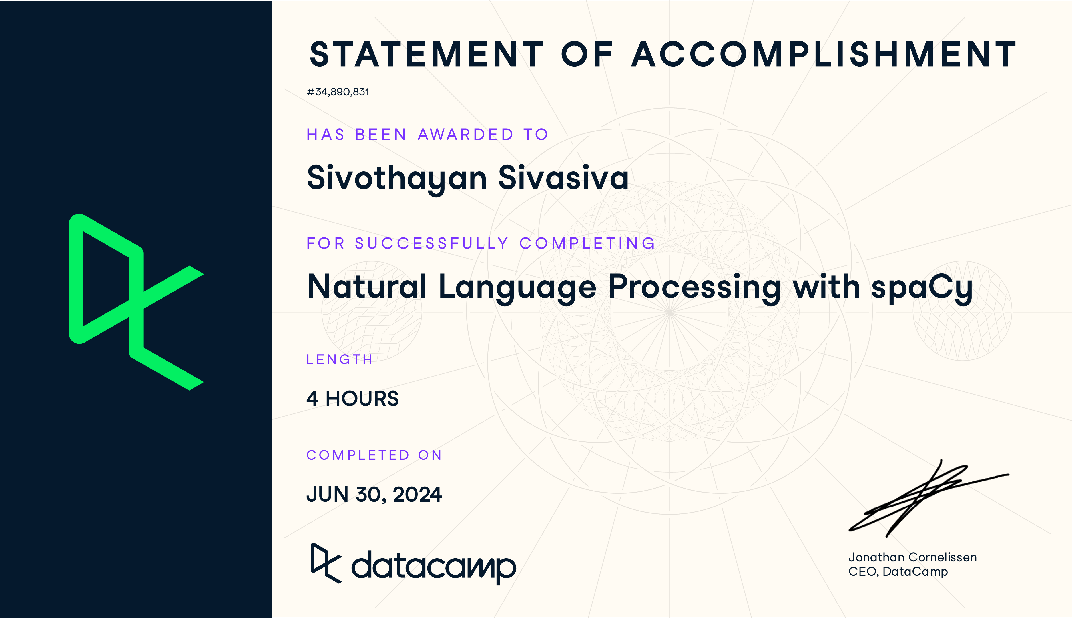 Preview of Natural Language Processing with spaCy certificate